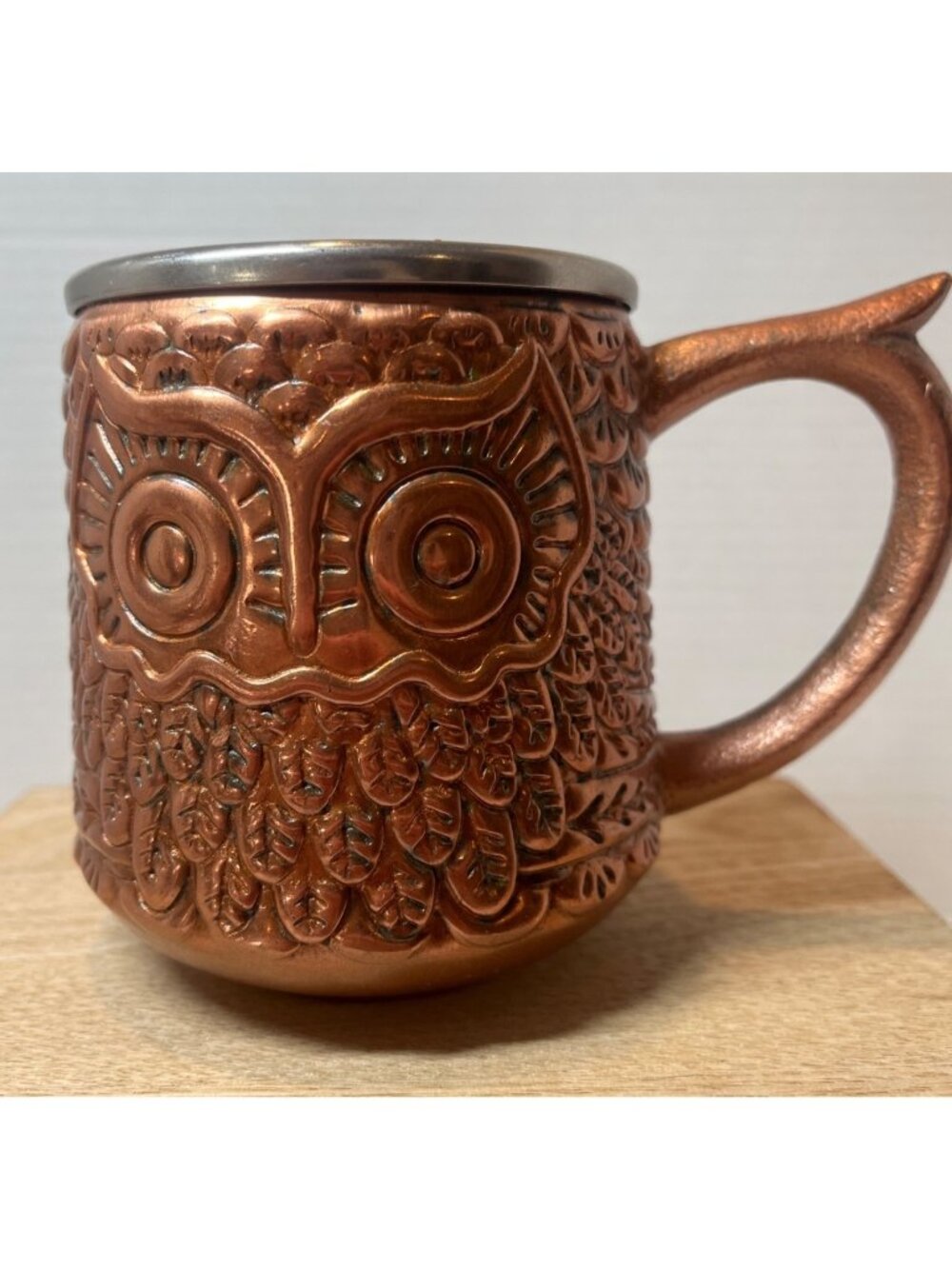 Embossed Copper Owl Mug With Stainless Steel Interior - Handcrafted Design - 14